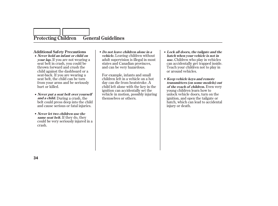 Protecting children general guidelines | HONDA 2005 Element - Owner's Manual User Manual | Page 36 / 249