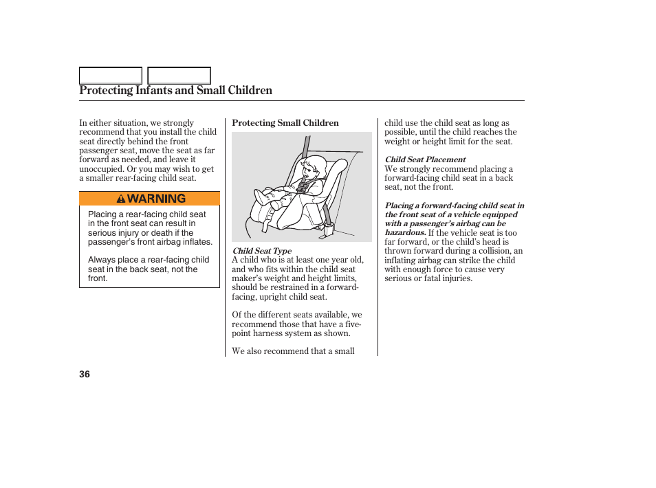 Protecting infants and small children | HONDA 2005 Element - Owner's Manual User Manual | Page 38 / 249