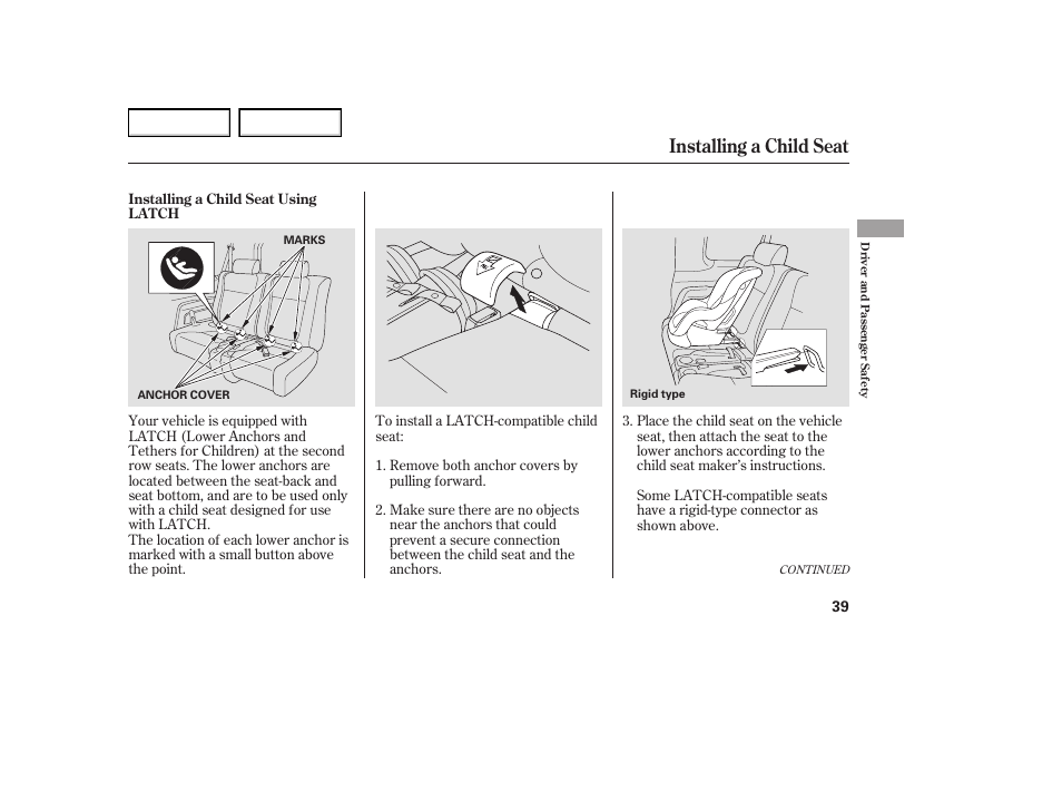 Installing a child seat | HONDA 2005 Element - Owner's Manual User Manual | Page 41 / 249