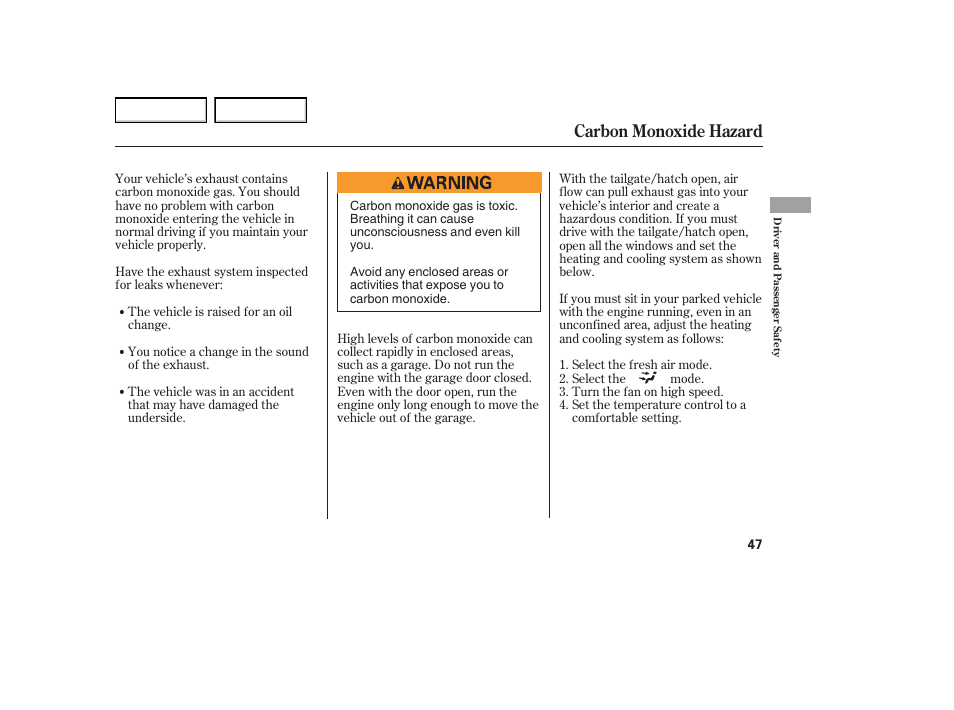 Carbon monoxide hazard | HONDA 2005 Element - Owner's Manual User Manual | Page 49 / 249