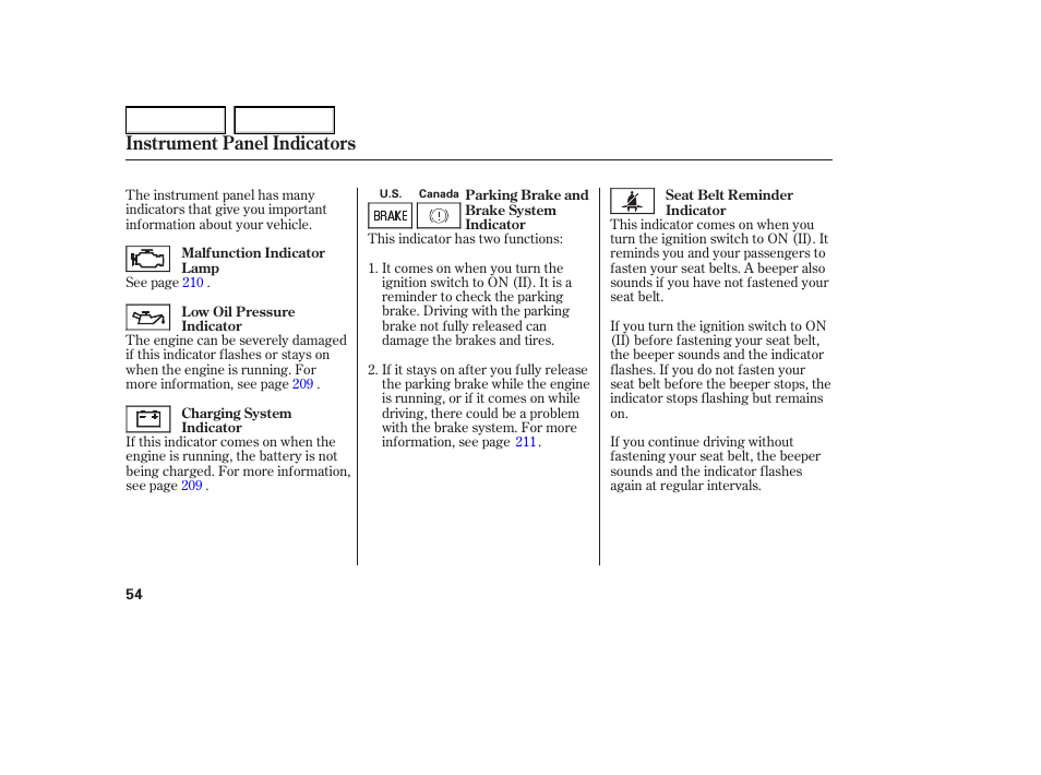 Instrument panel indicators | HONDA 2005 Element - Owner's Manual User Manual | Page 56 / 249