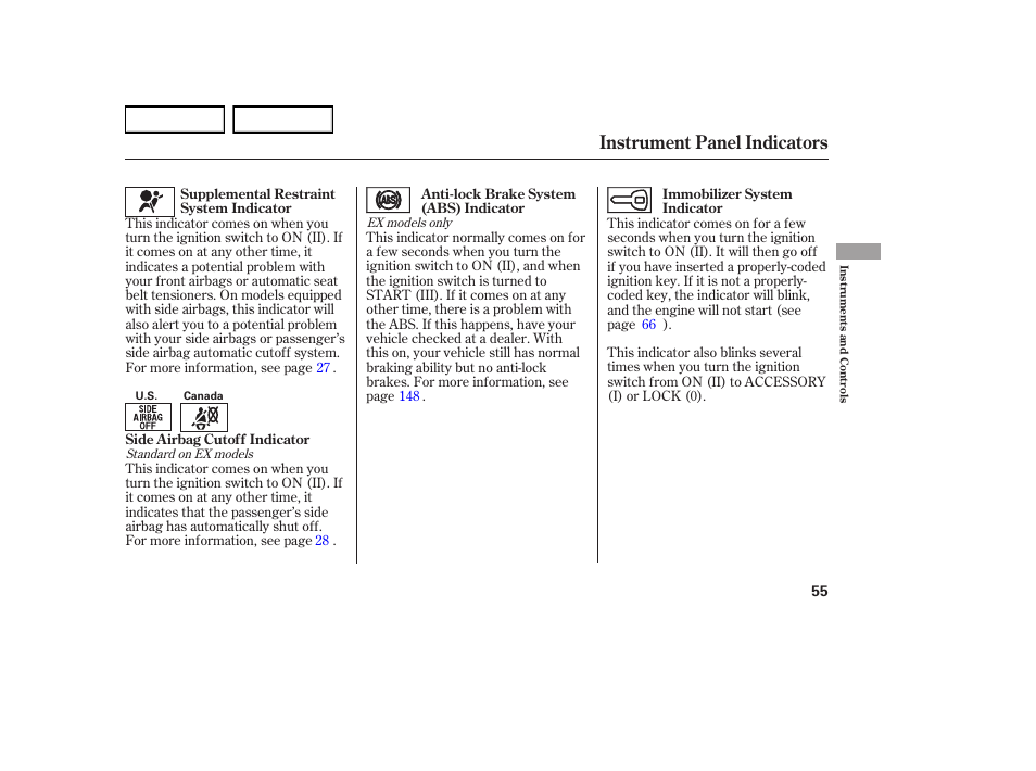 Instrument panel indicators | HONDA 2005 Element - Owner's Manual User Manual | Page 57 / 249