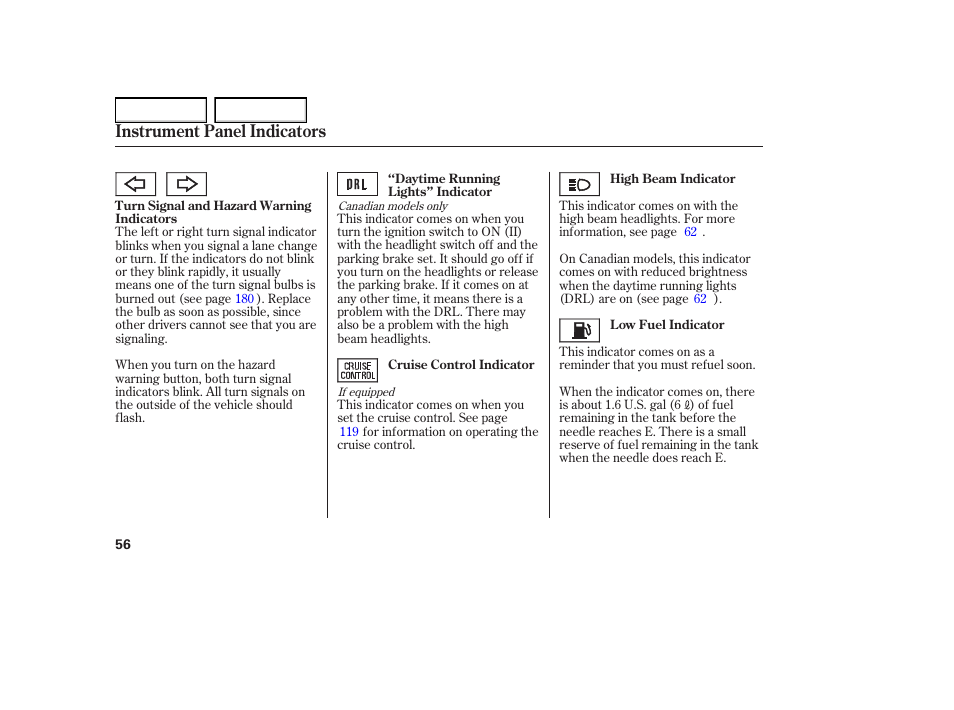 Instrument panel indicators | HONDA 2005 Element - Owner's Manual User Manual | Page 58 / 249