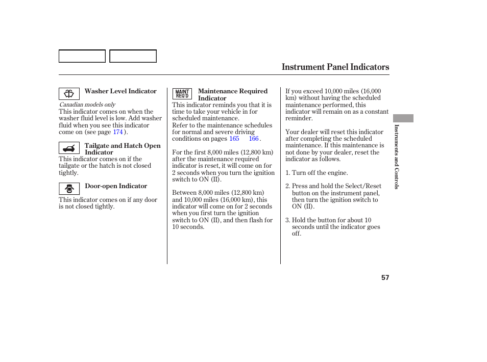 Instrument panel indicators | HONDA 2005 Element - Owner's Manual User Manual | Page 59 / 249