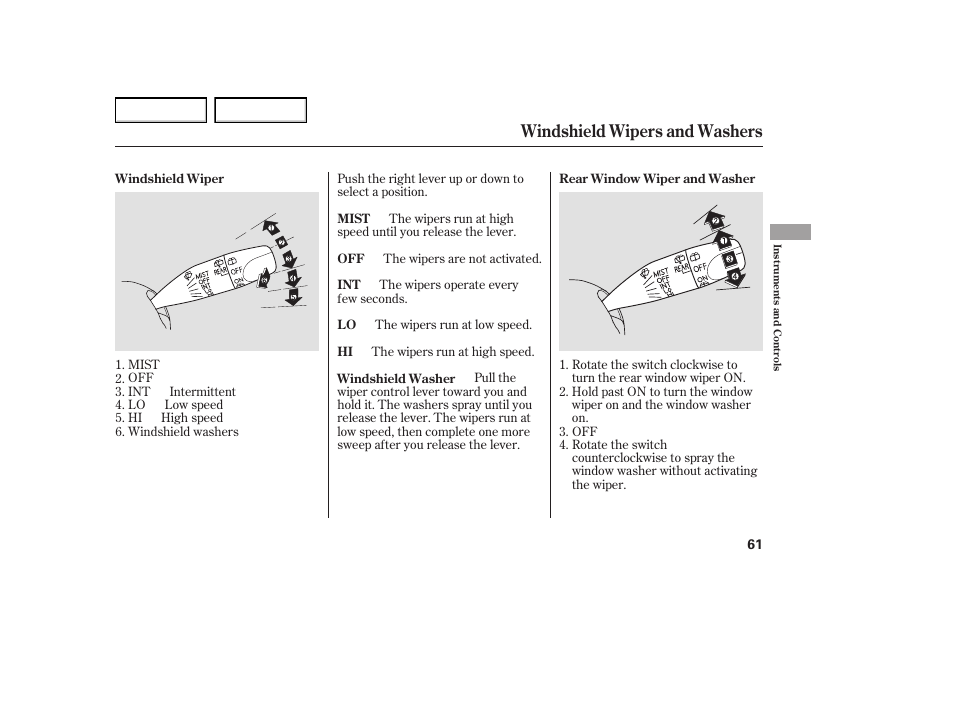 Windshield wipers and washers | HONDA 2005 Element - Owner's Manual User Manual | Page 63 / 249