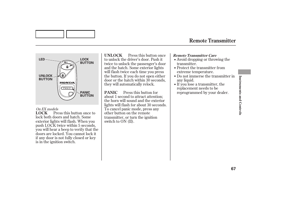 Remote transmitter | HONDA 2005 Element - Owner's Manual User Manual | Page 69 / 249