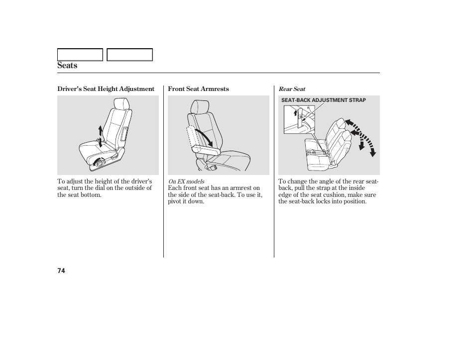 Seats | HONDA 2005 Element - Owner's Manual User Manual | Page 76 / 249