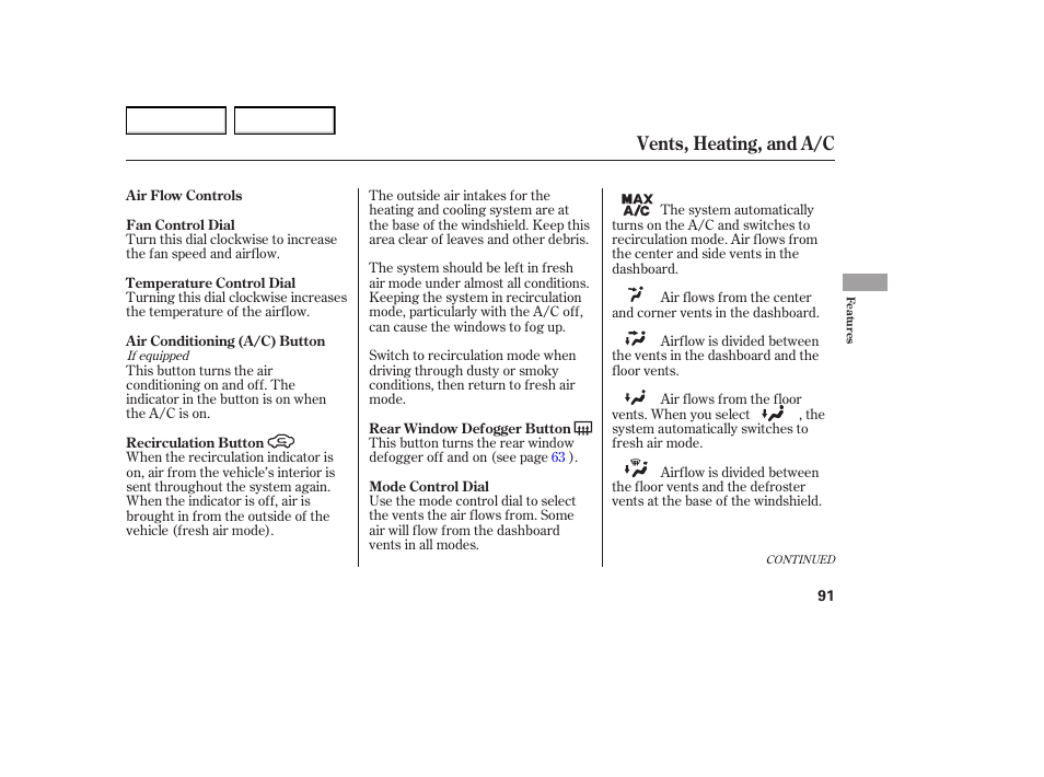 Vents, heating, and a/c | HONDA 2005 Element - Owner's Manual User Manual | Page 93 / 249