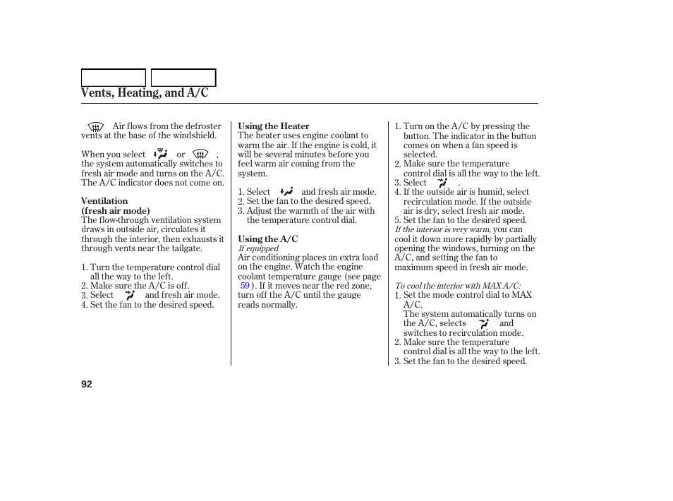 Vents, heating, and a/c | HONDA 2005 Element - Owner's Manual User Manual | Page 94 / 249