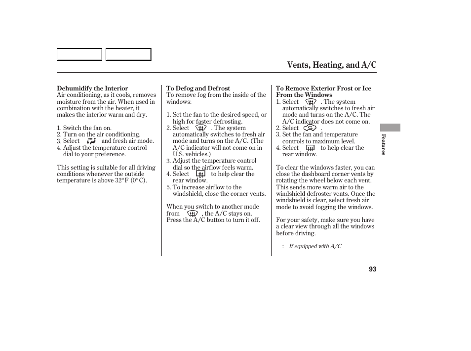 Vents, heating, and a/c | HONDA 2005 Element - Owner's Manual User Manual | Page 95 / 249