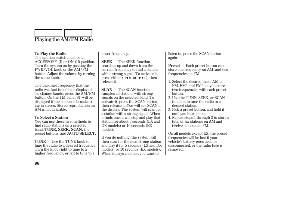 Playing the am/fm radio | HONDA 2005 Element - Owner's Manual User Manual | Page 98 / 249