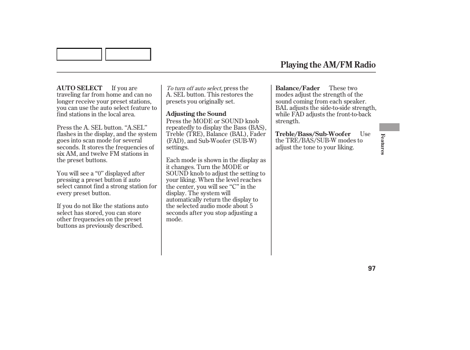 Playing the am/fm radio | HONDA 2005 Element - Owner's Manual User Manual | Page 99 / 249
