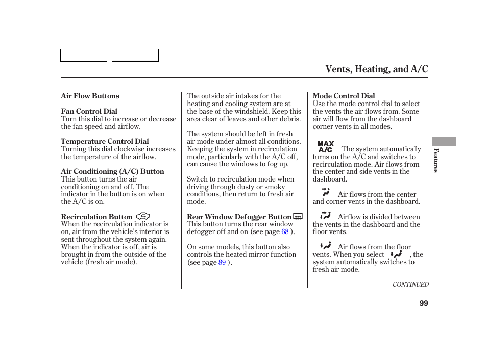 Vents, heating, and a/c | HONDA 2005 CR-V - Owner's Manual User Manual | Page 102 / 274