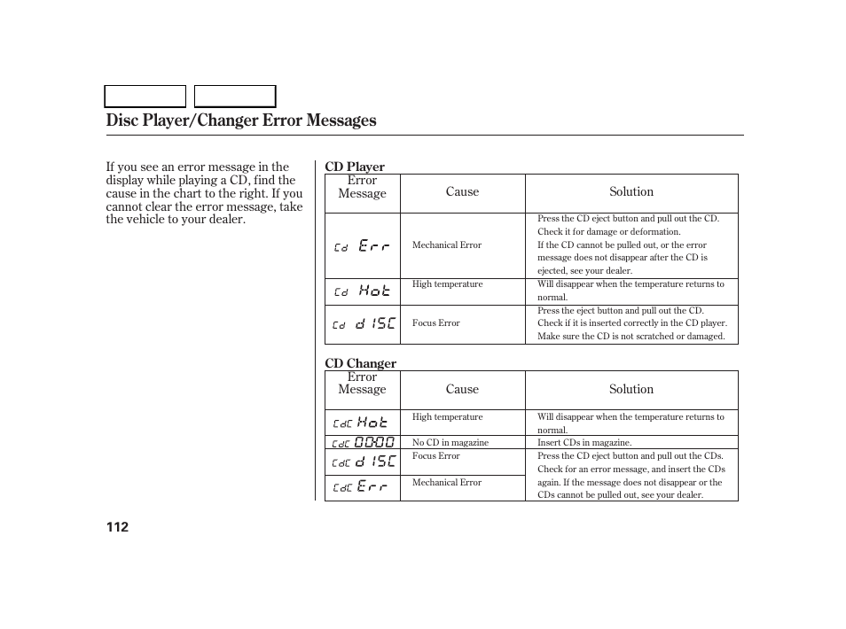 Disc player/changer error messages | HONDA 2005 CR-V - Owner's Manual User Manual | Page 115 / 274