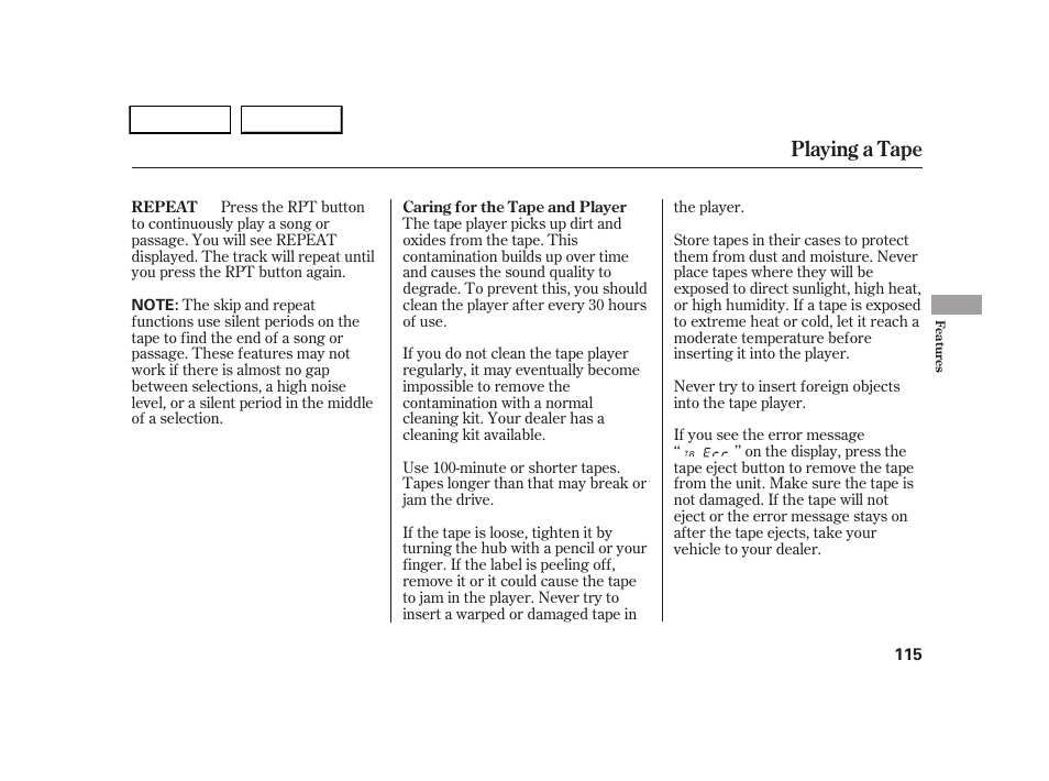 Playing a tape | HONDA 2005 CR-V - Owner's Manual User Manual | Page 118 / 274