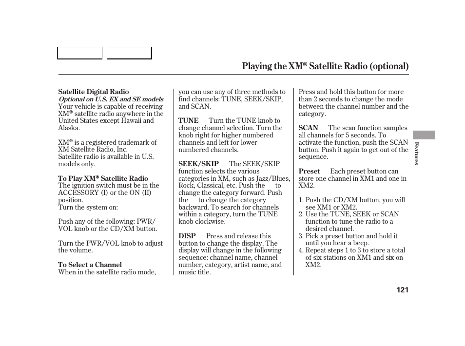 Playing the xm satellite radio (optional) | HONDA 2005 CR-V - Owner's Manual User Manual | Page 124 / 274