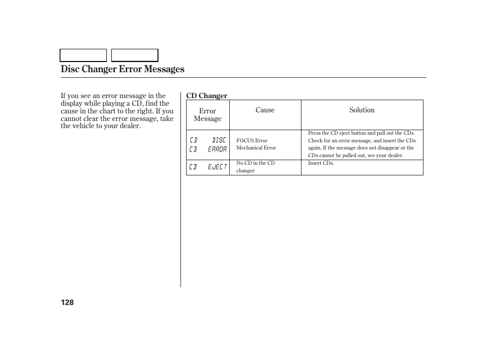 Disc changer error messages | HONDA 2005 CR-V - Owner's Manual User Manual | Page 131 / 274