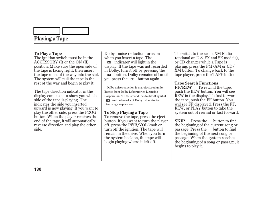 Playing a tape | HONDA 2005 CR-V - Owner's Manual User Manual | Page 133 / 274