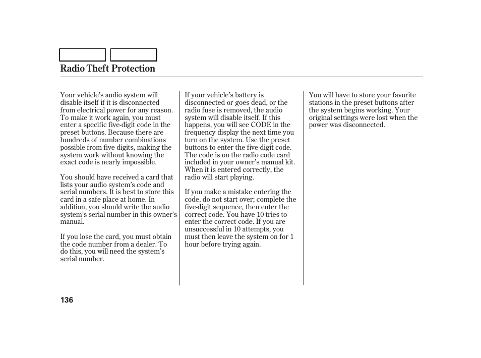 Radio theft protection | HONDA 2005 CR-V - Owner's Manual User Manual | Page 139 / 274