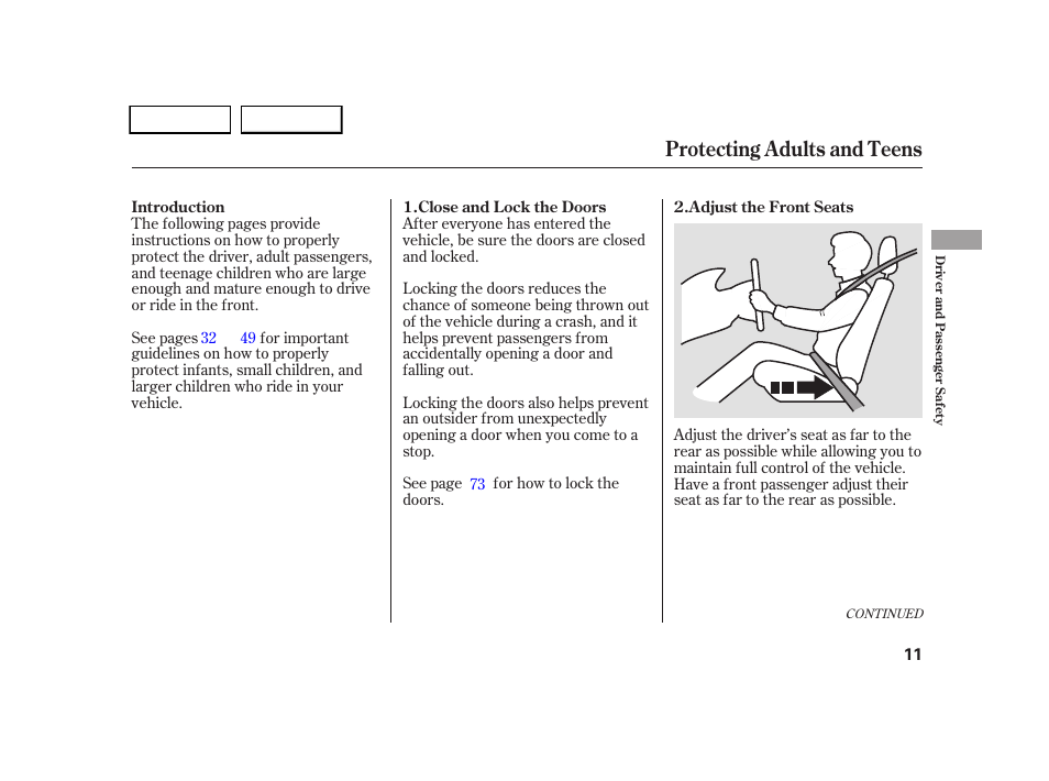 Protecting adults and teens | HONDA 2005 CR-V - Owner's Manual User Manual | Page 14 / 274