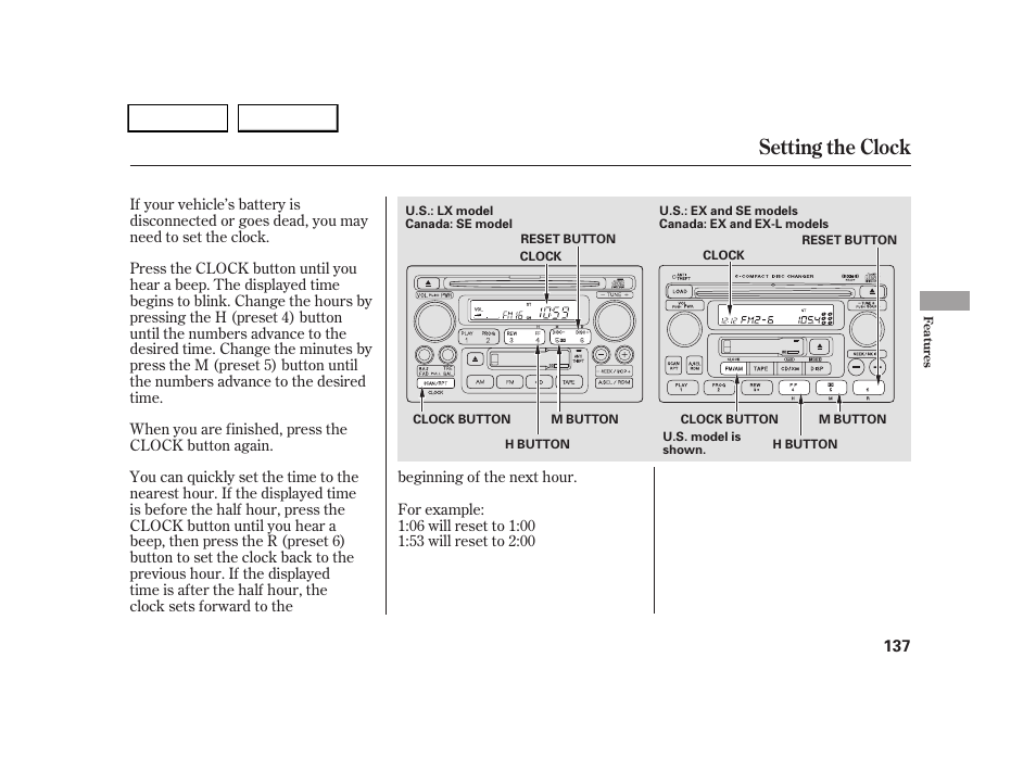 Setting the clock | HONDA 2005 CR-V - Owner's Manual User Manual | Page 140 / 274