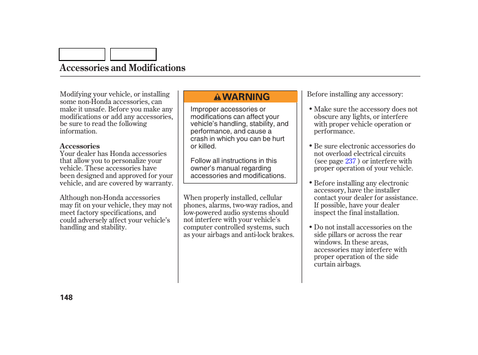 Accessories and modifications | HONDA 2005 CR-V - Owner's Manual User Manual | Page 151 / 274