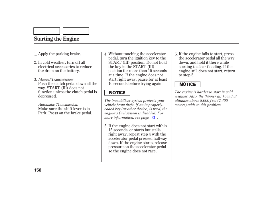 Starting the engine | HONDA 2005 CR-V - Owner's Manual User Manual | Page 161 / 274