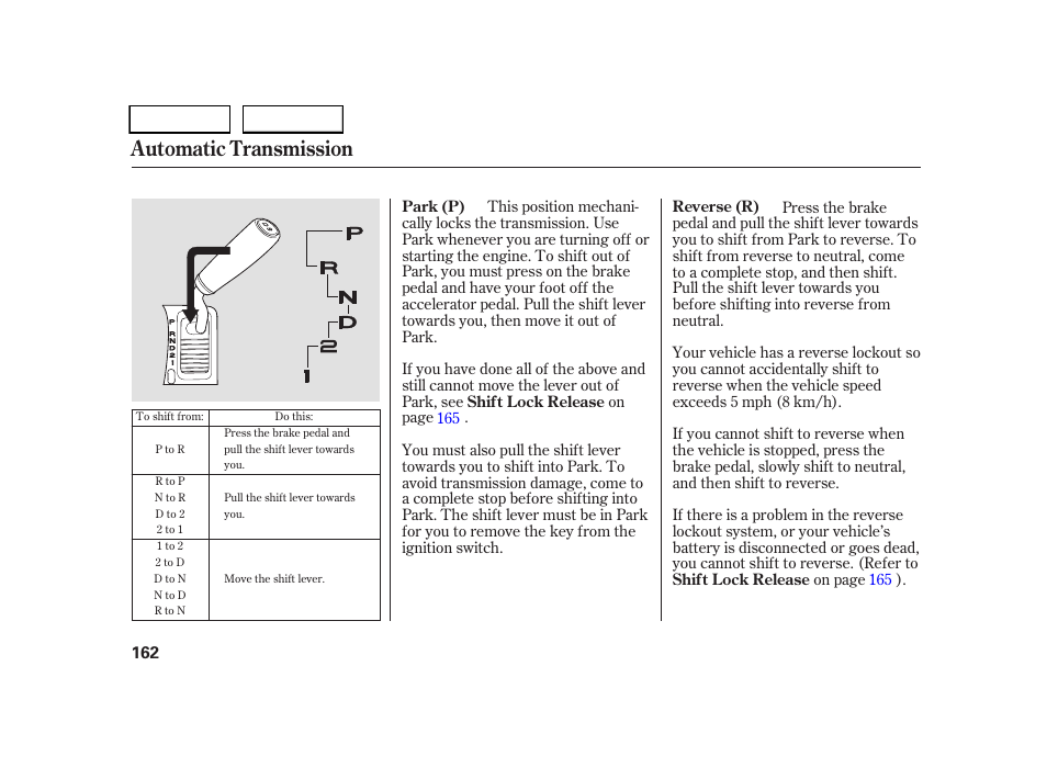 Automatic transmission | HONDA 2005 CR-V - Owner's Manual User Manual | Page 165 / 274