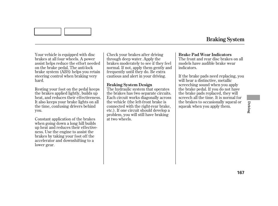 Braking system | HONDA 2005 CR-V - Owner's Manual User Manual | Page 170 / 274