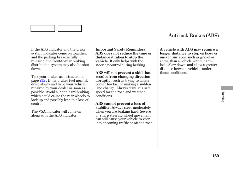 Anti-lock brakes (abs) | HONDA 2005 CR-V - Owner's Manual User Manual | Page 172 / 274