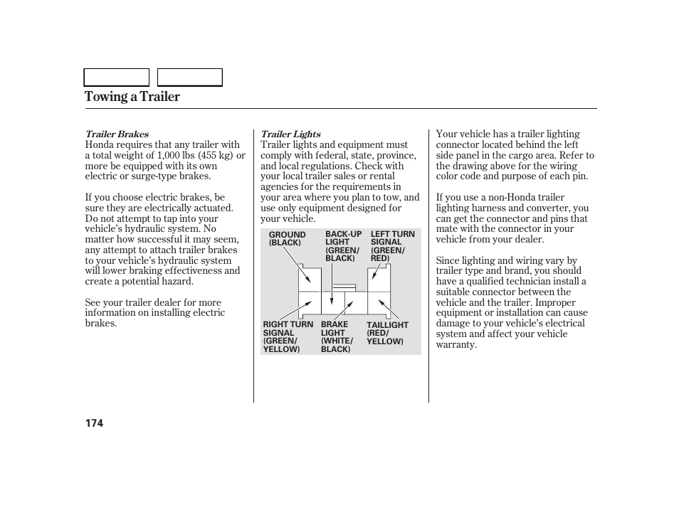 Towing a trailer | HONDA 2005 CR-V - Owner's Manual User Manual | Page 177 / 274