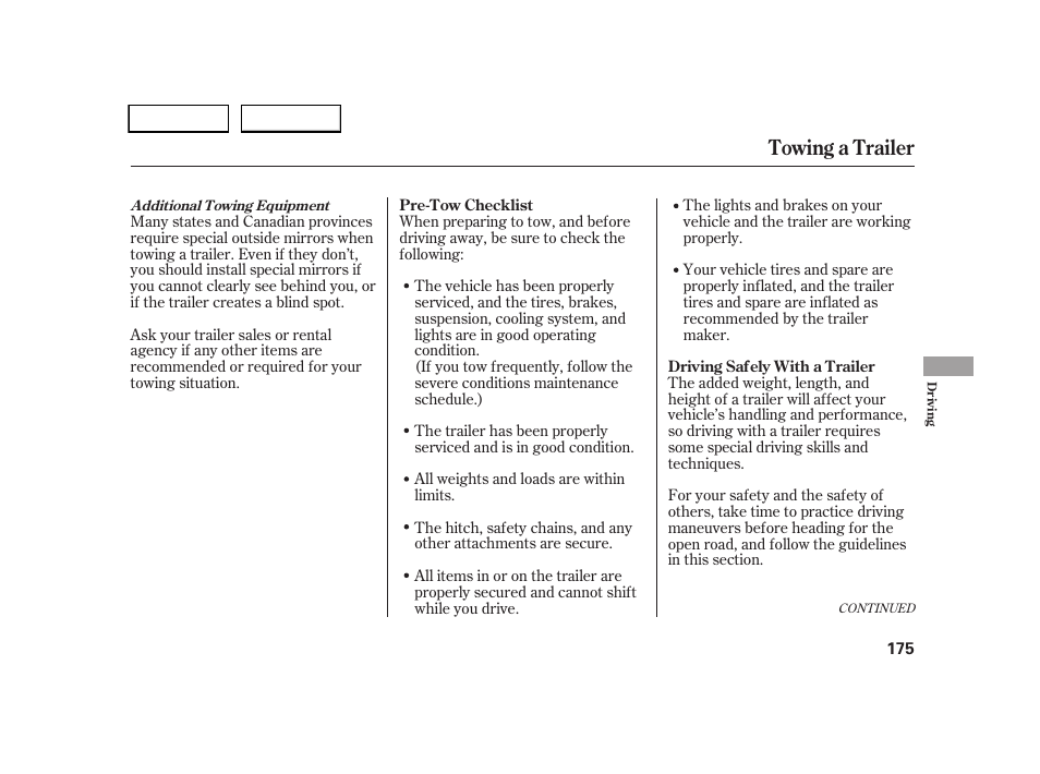 Towing a trailer | HONDA 2005 CR-V - Owner's Manual User Manual | Page 178 / 274