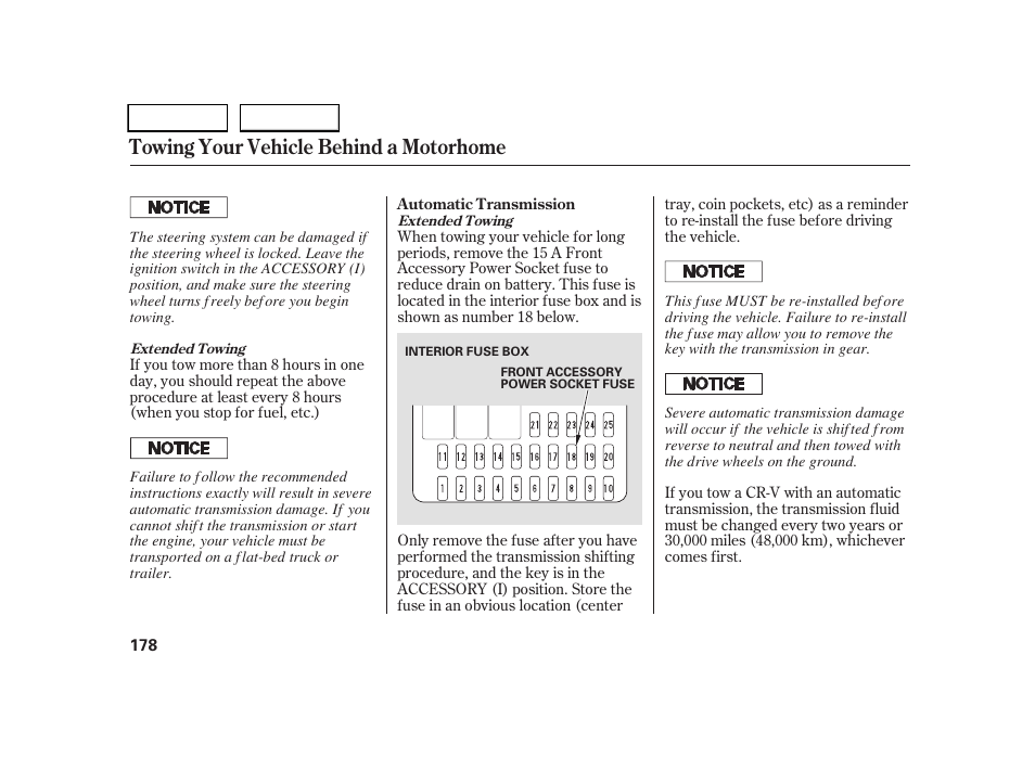 Towing your vehicle behind a motorhome | HONDA 2005 CR-V - Owner's Manual User Manual | Page 181 / 274