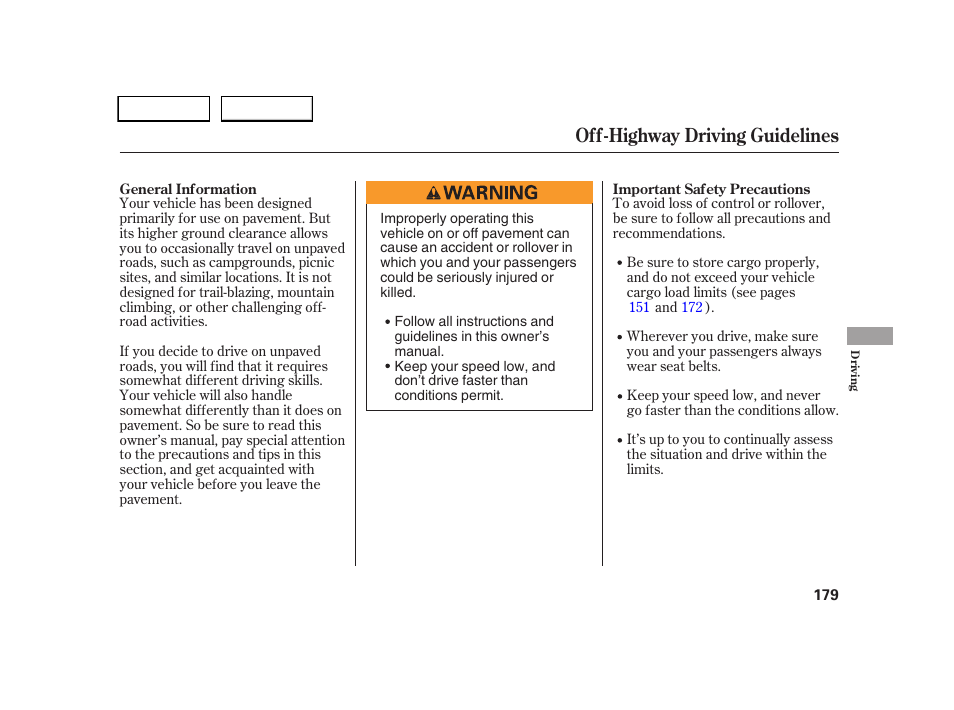 Off-highway driving guidelines | HONDA 2005 CR-V - Owner's Manual User Manual | Page 182 / 274