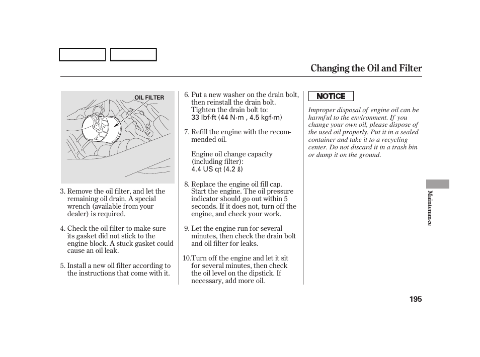 Changing the oil and filter | HONDA 2005 CR-V - Owner's Manual User Manual | Page 198 / 274