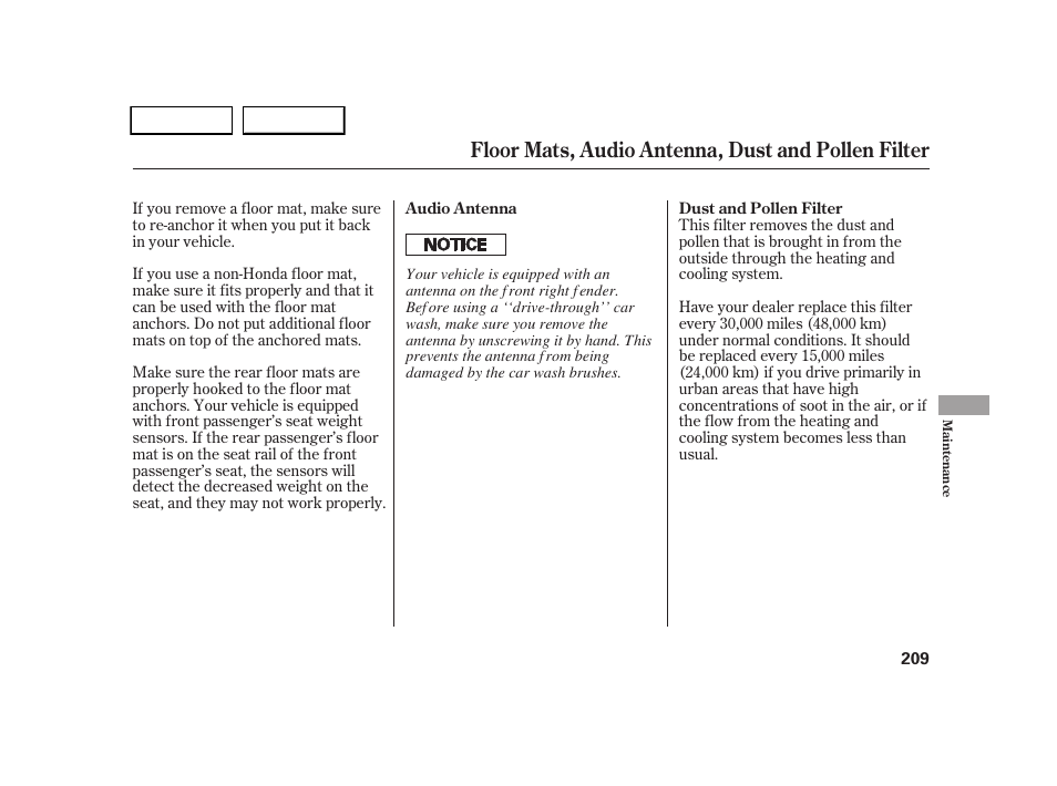 Floor mats, audio antenna, dust and pollen filter | HONDA 2005 CR-V - Owner's Manual User Manual | Page 212 / 274