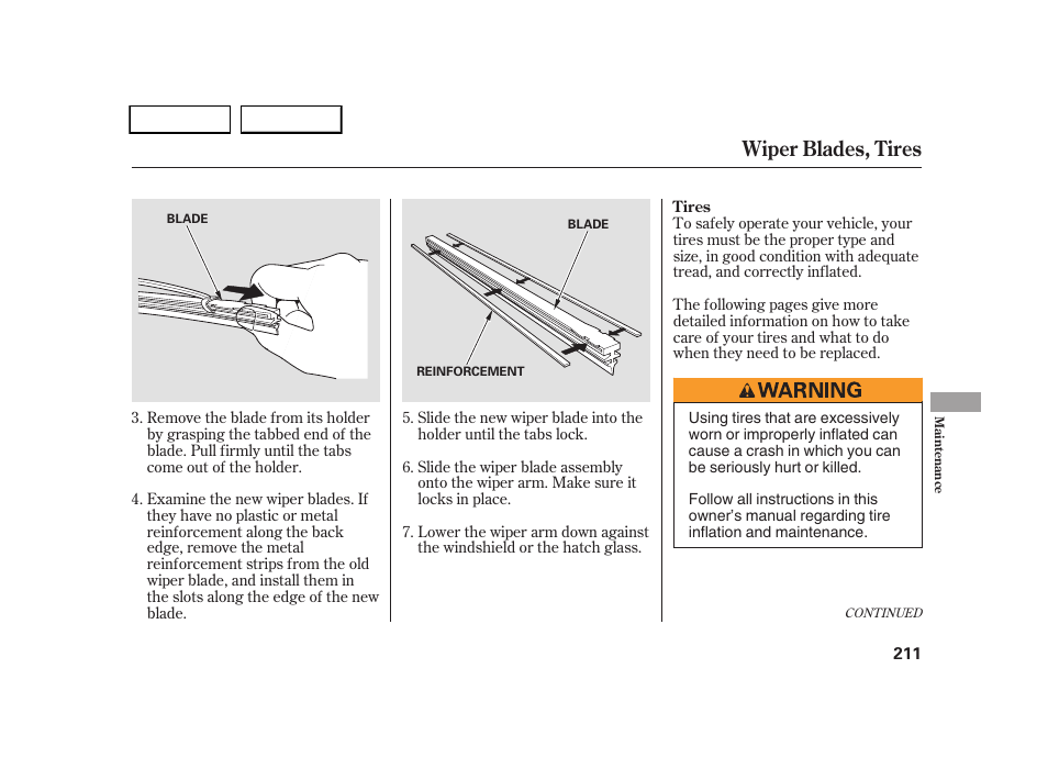 Wiper blades, tires | HONDA 2005 CR-V - Owner's Manual User Manual | Page 214 / 274
