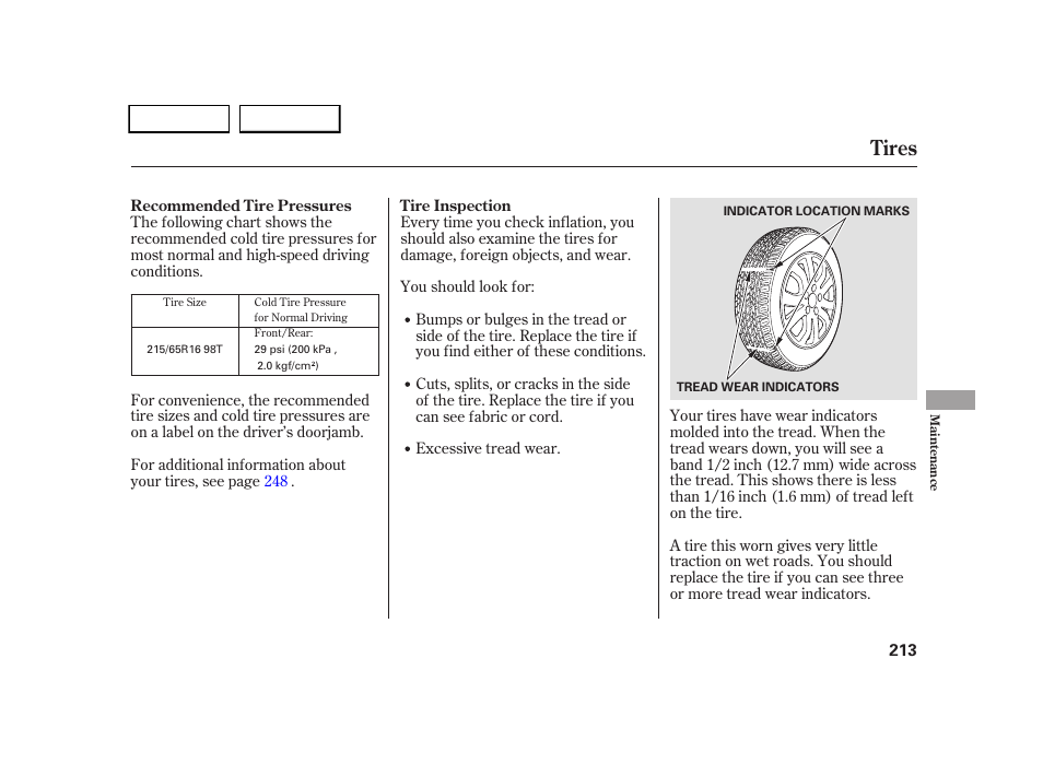 Tires | HONDA 2005 CR-V - Owner's Manual User Manual | Page 216 / 274