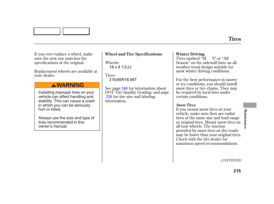 Tires | HONDA 2005 CR-V - Owner's Manual User Manual | Page 218 / 274