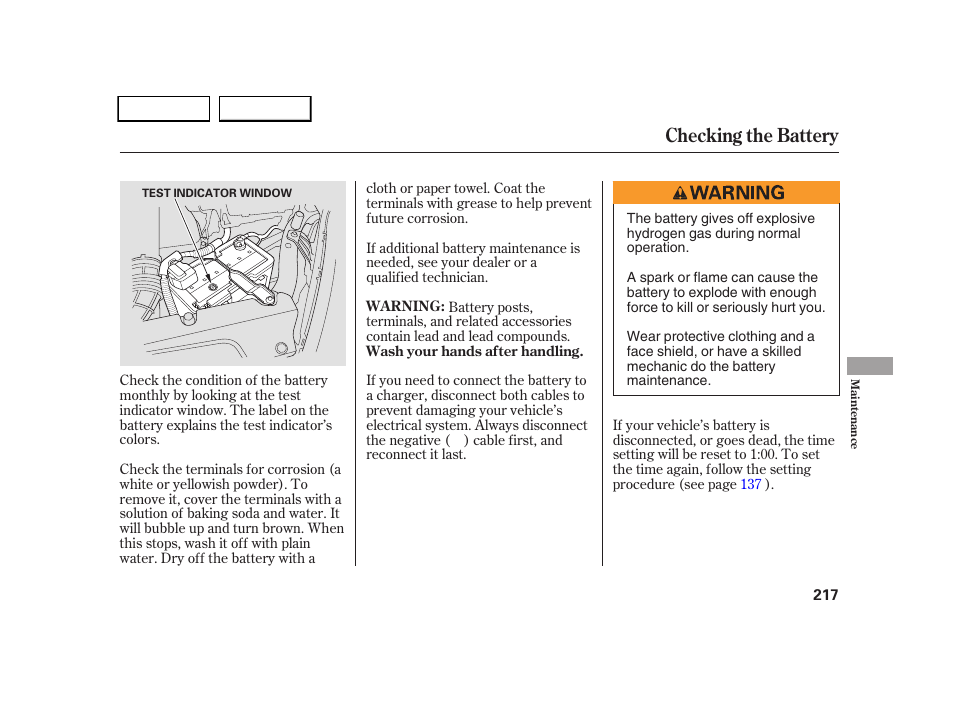 Checking the battery | HONDA 2005 CR-V - Owner's Manual User Manual | Page 220 / 274
