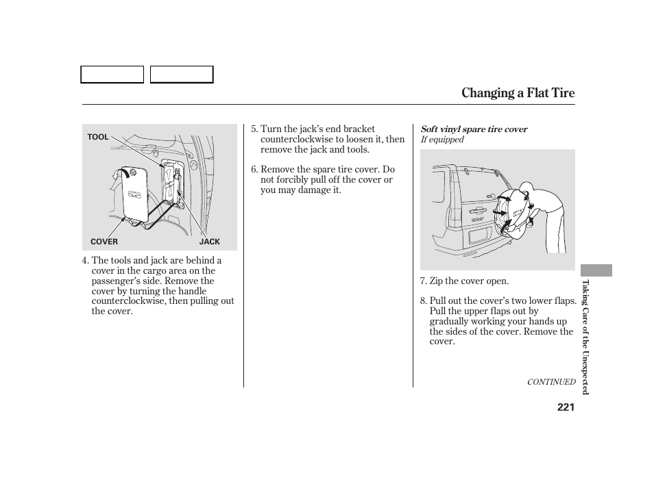 Changing a flat tire | HONDA 2005 CR-V - Owner's Manual User Manual | Page 224 / 274