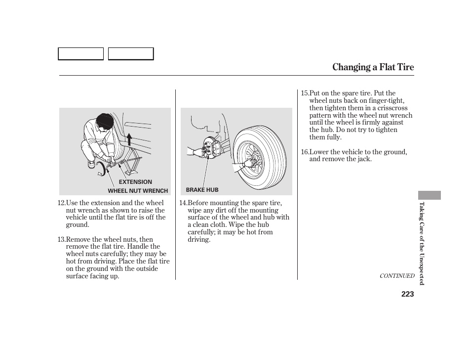Changing a flat tire | HONDA 2005 CR-V - Owner's Manual User Manual | Page 226 / 274