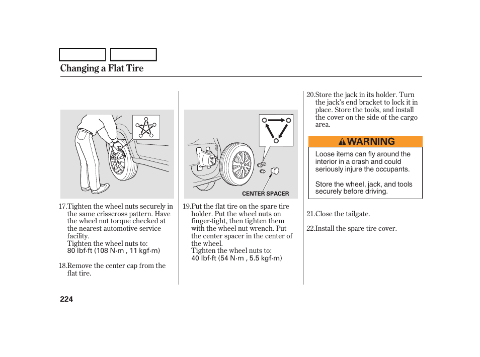 Changing a flat tire | HONDA 2005 CR-V - Owner's Manual User Manual | Page 227 / 274