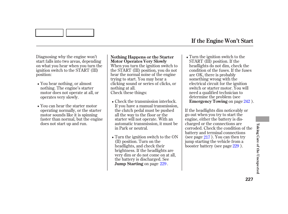 If the engine won’t start | HONDA 2005 CR-V - Owner's Manual User Manual | Page 230 / 274