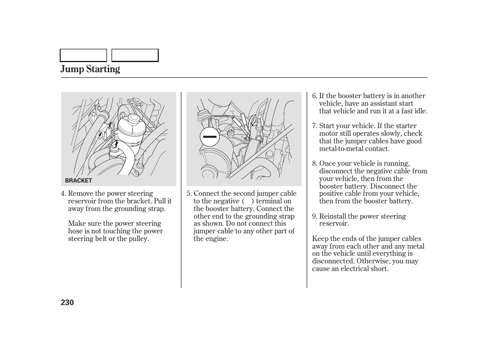 Jump starting | HONDA 2005 CR-V - Owner's Manual User Manual | Page 233 / 274