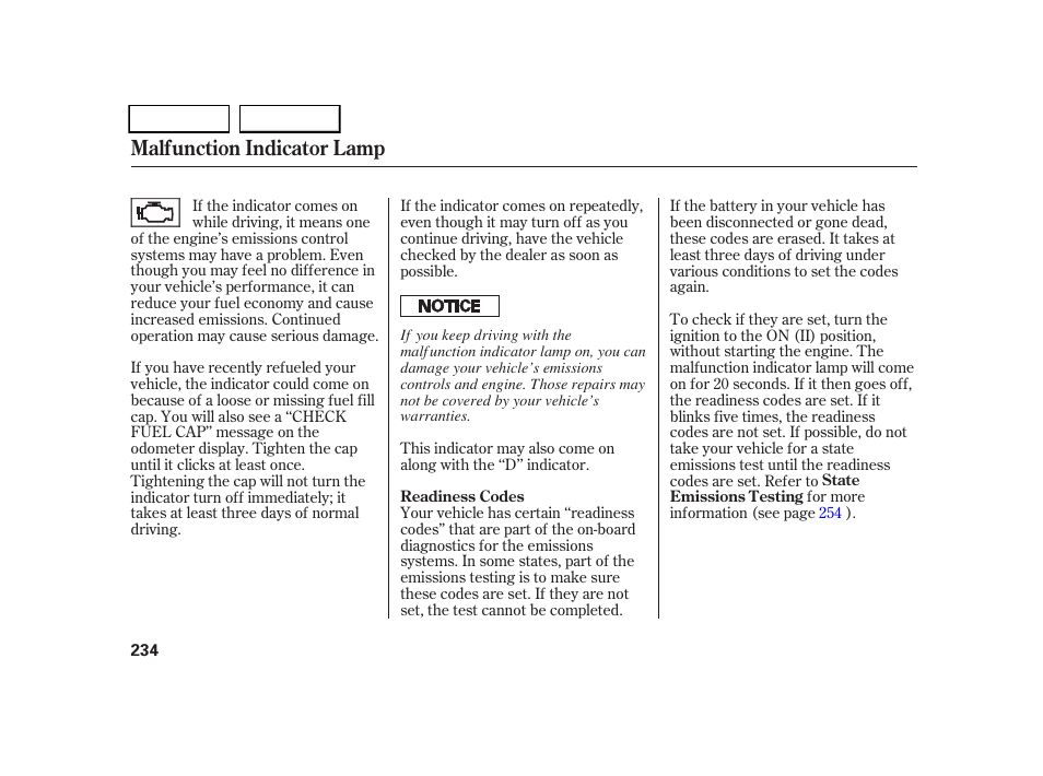 Malfunction indicator lamp | HONDA 2005 CR-V - Owner's Manual User Manual | Page 237 / 274