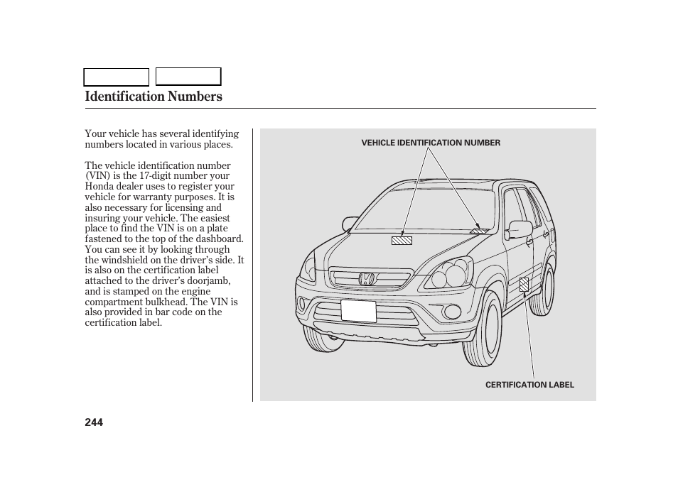 Identification numbers | HONDA 2005 CR-V - Owner's Manual User Manual | Page 247 / 274