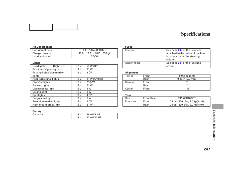 Specifications | HONDA 2005 CR-V - Owner's Manual User Manual | Page 250 / 274