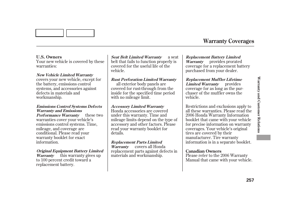 Warranty coverages | HONDA 2005 CR-V - Owner's Manual User Manual | Page 260 / 274