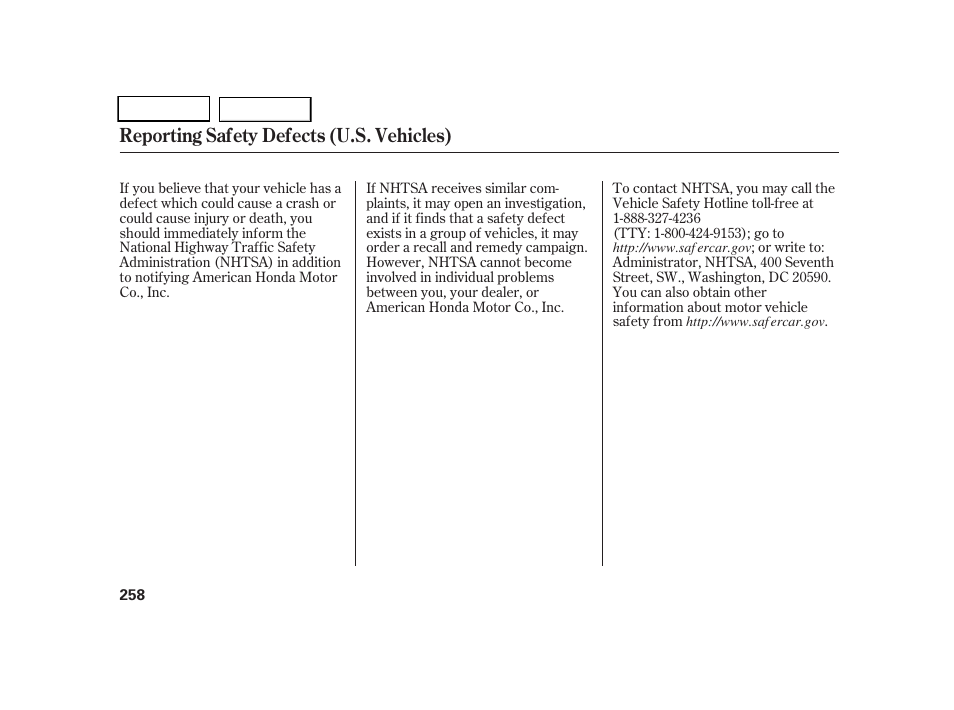 Reporting safety defects (u.s. vehicles) | HONDA 2005 CR-V - Owner's Manual User Manual | Page 261 / 274